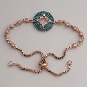 925 Silver compass bracelet turquoise star slider lock 14k rose gold plated